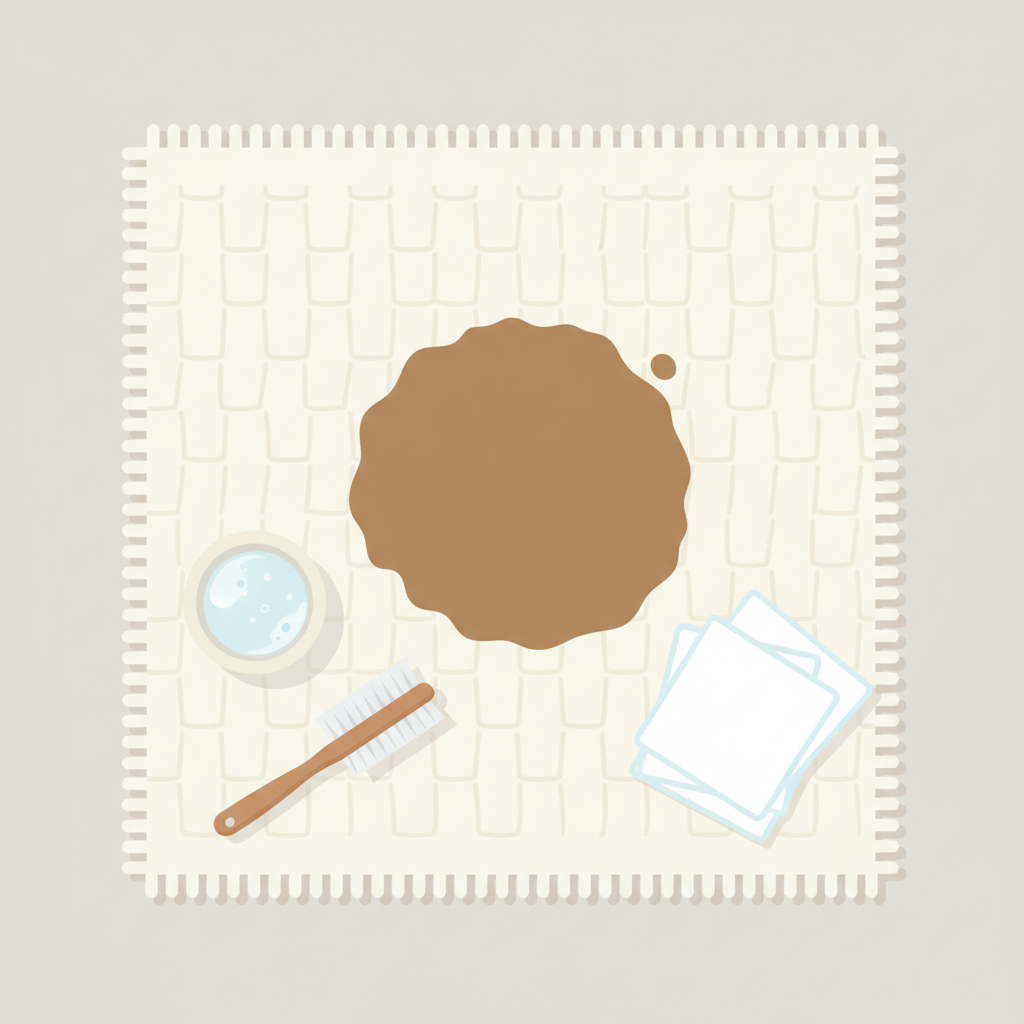 A visually appealing flat illustration depicting a common household scenario. In the center, a light-colored, slightly textured carpet has a prominent, circular brown coffee stain, conveying a sense of minor annoyance. Around the stained area, arranged in a clean, minimalist fashion, are various elements suggesting a solution: a small ceramic bowl containing a clear liquid with a hint of suds (representing soap solution), a soft cleaning brush with white bristles, and a neatly folded stack of clean, white cloths. The overall aesthetic is one of calm problem-solving, with bright lighting and a focus on practical, accessible tools.