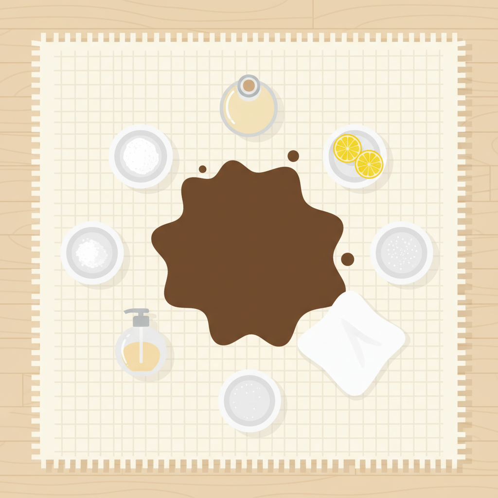 A vibrant, overhead flat illustration depicting a light-colored, subtly textured carpet with a prominent, fresh coffee stain in the center. Arranged artfully around the stain are small, minimalistic bowls or containers holding common household remedies: a small pile of white baking soda, coarse white salt, a sliced yellow lemon, a clear bottle with a generic 'vinegar' shape (no visible branding/text), and a simple bottle of liquid soap. A clean white cloth is gently placed beside the stain, hinting at the cleaning process. The overall mood is clean, organized, and helpful.