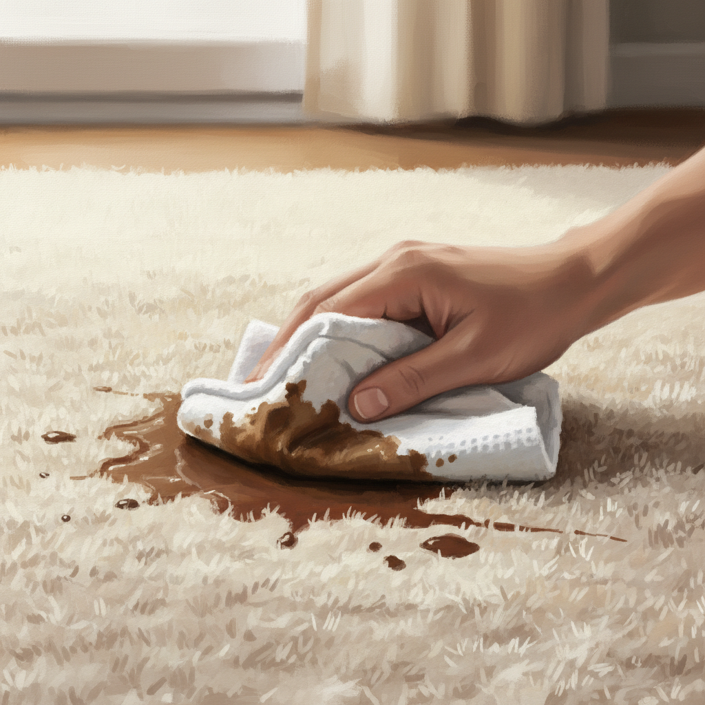 A dynamic close-up shot, rendered as a realistic digital painting, focusing on a hand gently dabbing a fresh, dark brown coffee stain on a light beige, plush carpet. A clean, absorbent white cloth or kitchen paper is pressed onto the stain, showing visible moisture transfer from the carpet to the cloth. The coffee stain should appear wet and spreading slightly at the edges, while the area under the dabbing cloth shows a subtle lightening, indicating absorption. The background is softly blurred, suggesting a cozy home environment without distracting details. The scene conveys immediate action and effectiveness.