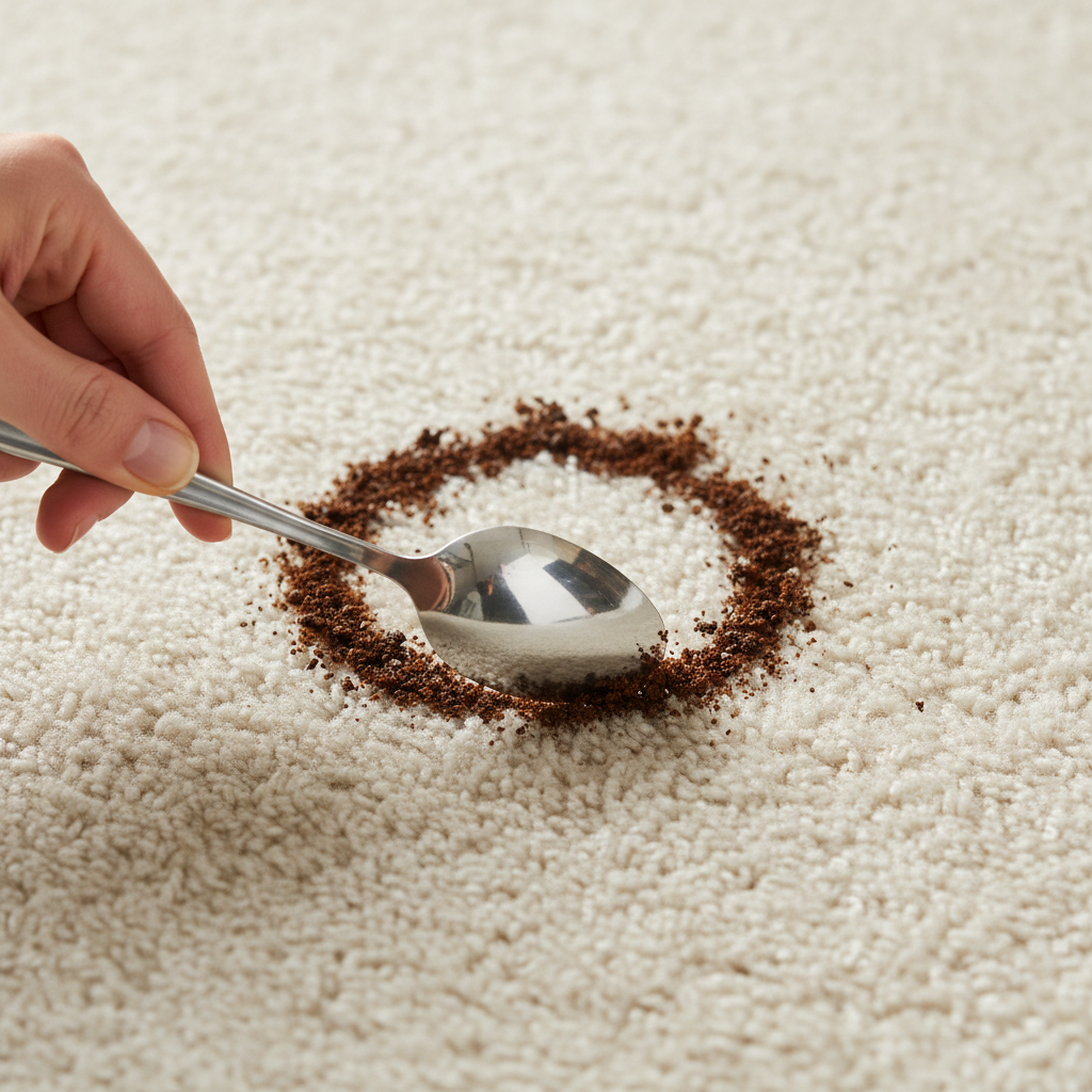 A close-up, slightly elevated professional photo of a light-colored, plush carpet with a distinct, dark brown, dried coffee stain. A person's hand, entering from the left, is gently using the blunt edge of a silver spoon to carefully scrape and loosen the outer rim of the dried coffee residue from the carpet fibers. The focus is sharp on the stain and the spoon, with a subtle blur in the background, highlighting the challenge and the precise initial step of removal. Soft, natural lighting enhances the texture of both the carpet and the dried coffee.