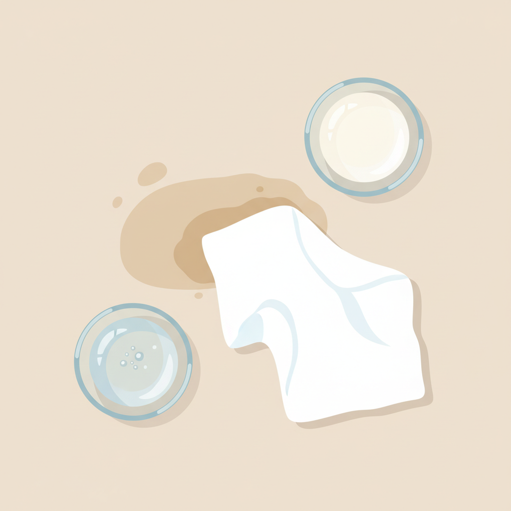 A clean, bright flat lay illustration depicting the preparation for stain removal. On a light carpet background, a faded, faint coffee stain is visible. Next to it, two small, clear glass bowls are present: one contains a clear liquid (representing soap solution) and the other a slightly cloudy liquid (representing vinegar solution). A clean, folded white cloth is positioned on the carpet, gently dabbing the faded stain. Another clean cloth is partly submerged in one of the solution bowls, implying readiness for use. The overall style is modern, professional, and visually organized, using soft colors.