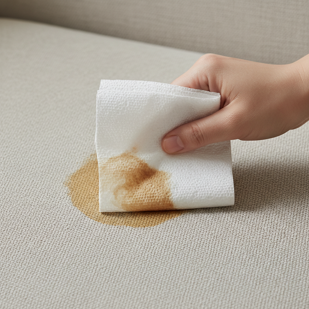A close-up, professional photo capturing a moment of active stain removal on a light beige fabric couch. A clean, white paper towel held by a person's hand is gently dabbing a fresh, dark coffee stain. The paper towel is visibly absorbing the liquid, with the edges of the stain starting to soften. The couch fabric around the stain is pristine, emphasizing the contrast. The image should convey immediacy and careful action, illustrating the first crucial step of blotting without rubbing, focusing on the absorption process.
