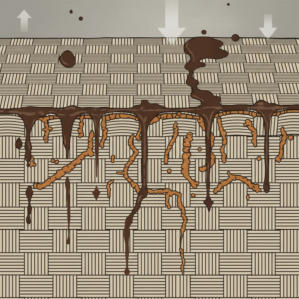 An intricate, conceptual infographic-style illustration depicting a magnified cross-section of a couch fabric. Dark brown liquid, representing coffee, is shown deeply penetrating between the woven fibers. Smaller, stylized orange-brown particles, symbolizing tannins, are visually 'clinging' or binding tightly to the individual fabric threads. Some coffee is also visible on the surface. The illustration should clearly communicate the depth of penetration and the strong bond between coffee components and fabric, explaining the stubborn nature of the stain.