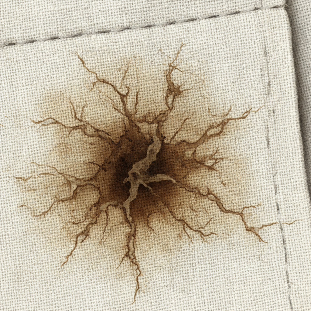 A highly detailed, professional close-up photograph of a stubborn, dark brown, dried coffee stain on light-colored fabric, possibly a linen shirt cuff or a woven carpet texture. The stain should appear deeply embedded in the fibers, perhaps with a subtle visual metaphor of tiny, intricate roots or tendrils reaching into the fabric, symbolizing the strong chemical bond described in the article. The texture of the fabric should be clearly visible around and within the stain, highlighting its tenacity. Focus on realism and the visual unpleasantness of the dried mark, in a realistic digital painting style.
