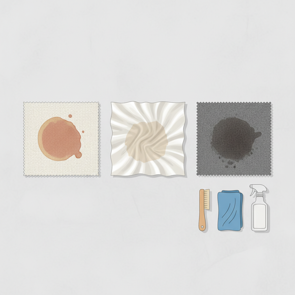A flat lay illustration depicting various textile swatches laid out on a clean surface. Include distinct textures representing different materials: a robust cotton, a delicate silk, and a piece of carpet. Each swatch features a small, dried coffee stain, illustrating the diversity of affected surfaces. Neatly arranged nearby are generic cleaning implements like a soft brush, a microfibre cloth, and a plain spray bottle. The style should be clean, modern flat illustration with a soft color palette, focusing on clarity and organization to convey the preparation aspect of stain removal.
