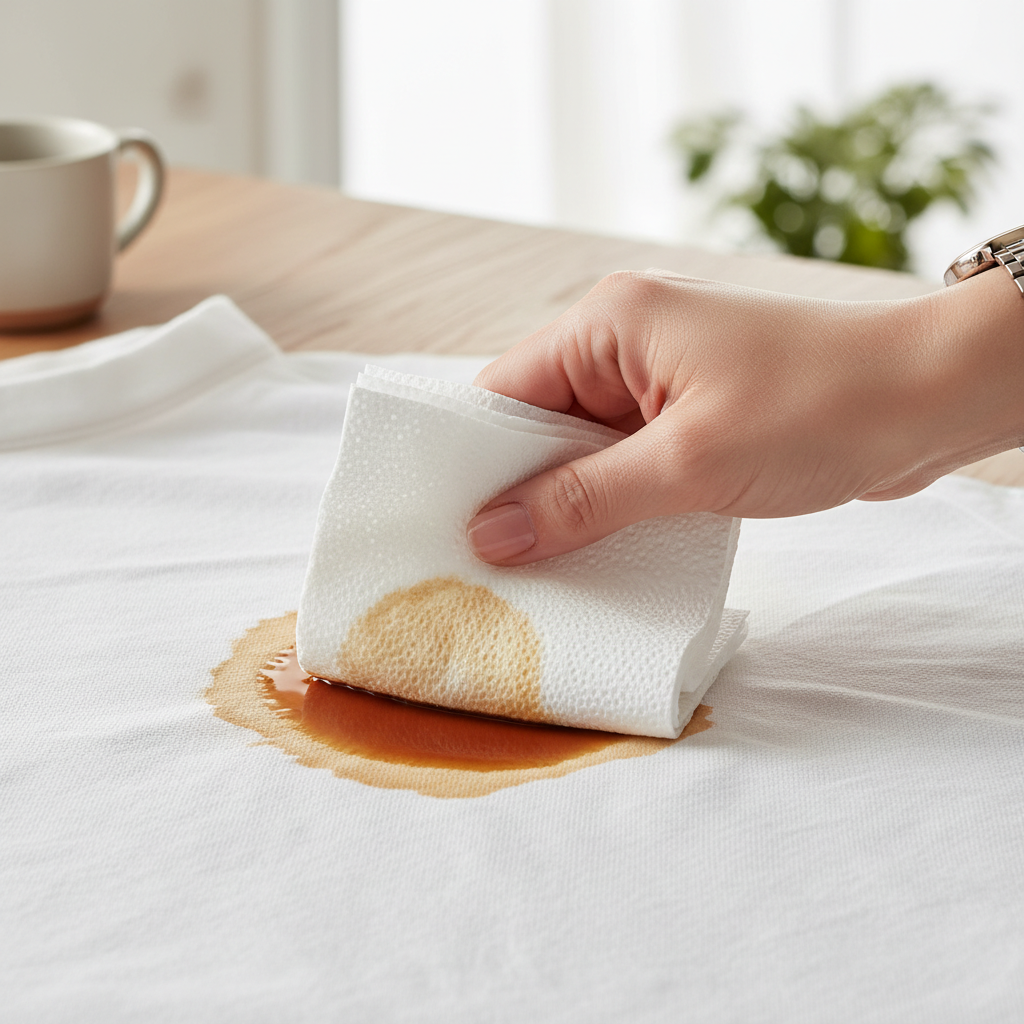 A close-up, professional product photograph capturing a fresh coffee stain on a light-colored fabric, like a white cotton shirt. A hand, coming from the side, is gently dabbing the stain with a clean, white paper towel, demonstrating the blotting technique. The focus is on the stain and the absorbing paper, with subtle hints of a domestic setting in the soft-focus background, suggesting quick action. The lighting is bright and clean, emphasizing the texture of the fabric and the fluid absorption.