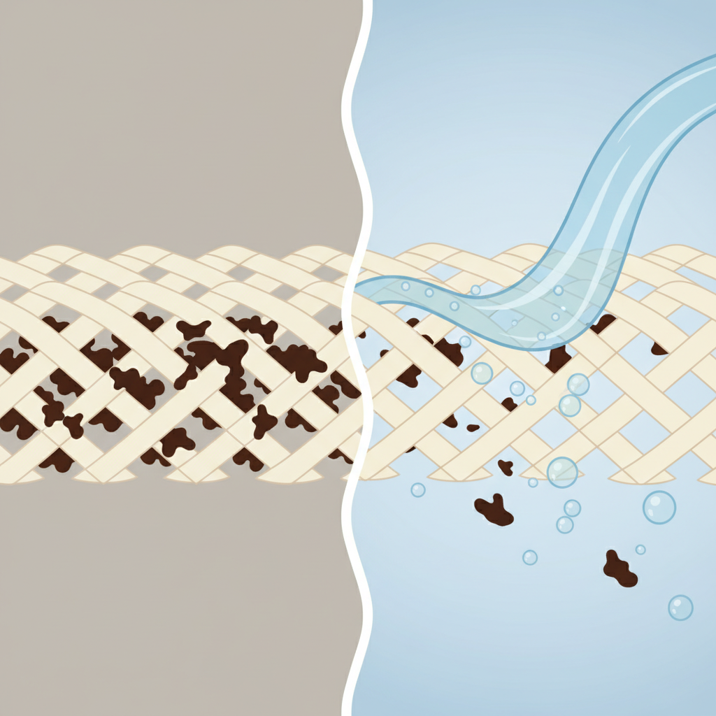 An infographic-style illustration depicting the interaction of coffee stains with fabric fibers. On one side, a magnified cross-section of interwoven fabric threads shows dark brown, irregular shapes (representing tannins) deeply embedded and clinging stubbornly to the individual fibers. On the other side, a similar cross-section shows the fibers much cleaner, with the dark shapes visibly receding or being washed away by a stream of light blue, bubbly liquid, symbolizing the cleaning process. The style is clean, modern, and easy to understand, using a limited color palette.