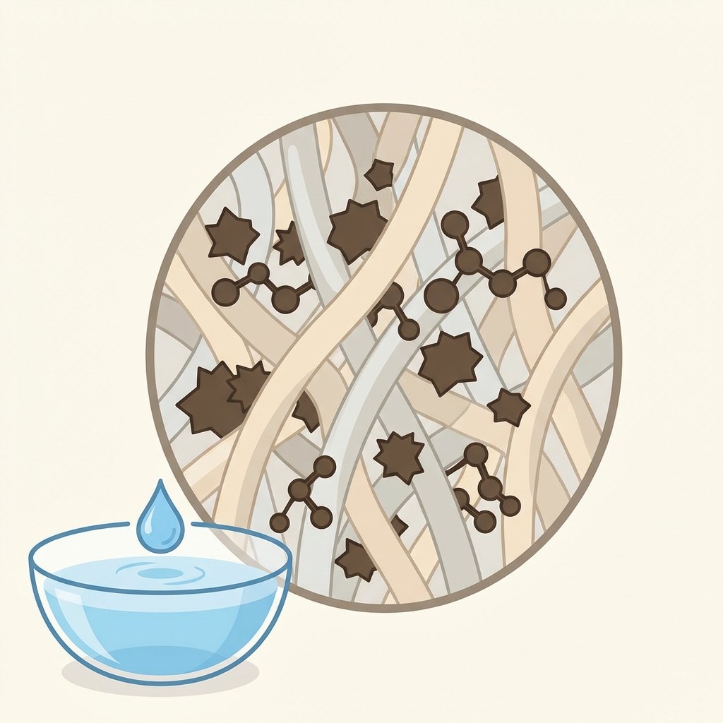 A modern, flat illustration depicting the science behind stubborn coffee stains. The image features a magnified, stylized cross-section of carpet fibers (e.g., beige or light grey strands). Dark brown coffee particles, possibly represented as abstract shapes or molecules, are shown deeply embedded and clinging to these fibers, illustrating the tenacious nature of tannins. In a corner or foreground, a clear glass bowl contains water, and a single drop of blue dish soap is falling into it, implying the creation of a cleaning solution. The overall style is clean, informative, and visually engaging for a blog.