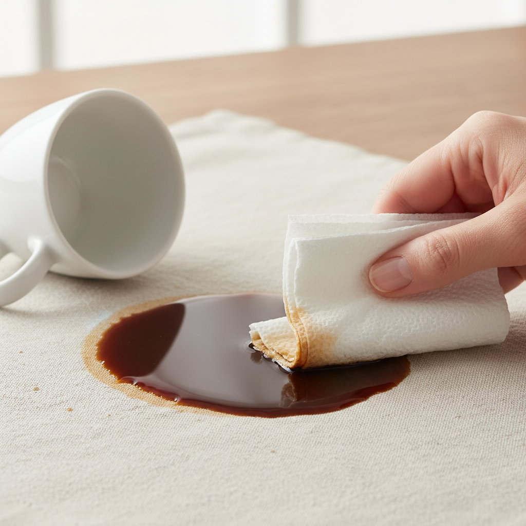 A professional photo showing a close-up of a freshly spilled coffee cup on a light-colored, natural linen fabric. A human hand, holding a clean, dry, white paper towel, is gently dabbing the spilled coffee from the outer edges inwards. The focus is on the immediate action of absorption, illustrating the correct technique of blotting to remove the liquid without spreading the stain, emphasizing urgency and careful handling. The background is softly blurred.