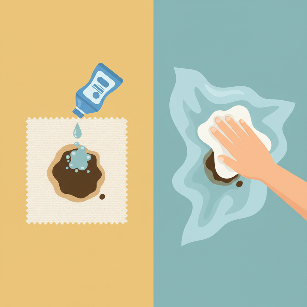 A clean, vibrant flat illustration contrasting coffee stain removal on two distinct fabric types. On the left side, a sturdy cotton fabric swatch with a coffee stain is shown, with a small bottle of liquid laundry detergent hovering above it and a tiny dollop of detergent on the stain. On the right side, a delicate silk scarf with a coffee stain is depicted, with a hand gently dabbing the stain using a soft, damp cloth, implying a milder cleaning agent. The illustration clearly differentiates the robust treatment for cotton versus the gentle care for silk, using a split-screen or side-by-side vignette layout.