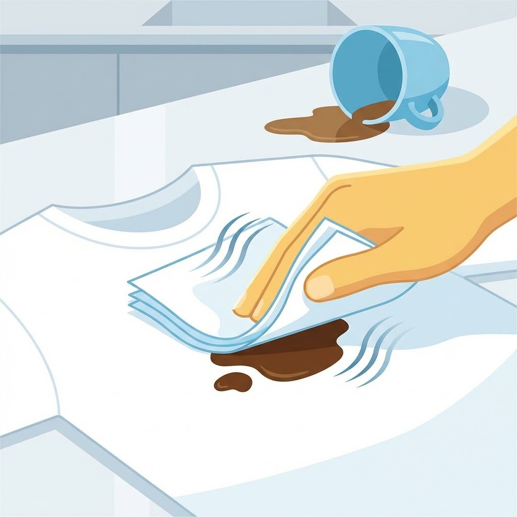 A vibrant, bright flat illustration depicting the immediate steps of coffee stain removal. A hand gently dabbing a fresh, dark brown coffee stain on a crisp white fabric, perhaps a t-shirt or tablecloth, with a clean, absorbent white paper towel. The scene should convey urgency and effectiveness, showing the liquid being lifted from the fabric. In the background, a spilled coffee cup is slightly askew, emphasizing the 'just happened' moment. The overall aesthetic is clean, modern, and easily understandable, highlighting the swift action without any clutter.