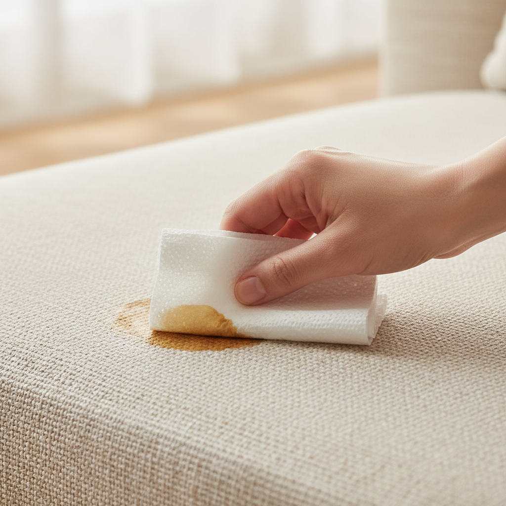 A close-up, high-angle professional photo shows a human hand gently dabbing a fresh, dark brown coffee spill on a light-colored, textured fabric sofa. The hand holds a pristine white, absorbent cloth or paper towel, pressing lightly onto the edge of the liquid stain, demonstrating the absorption technique without rubbing. The focus is sharp on the stain and the cloth, with a shallow depth of field blurring the background slightly. The scene conveys urgency and careful action, highlighting the initial crucial step.