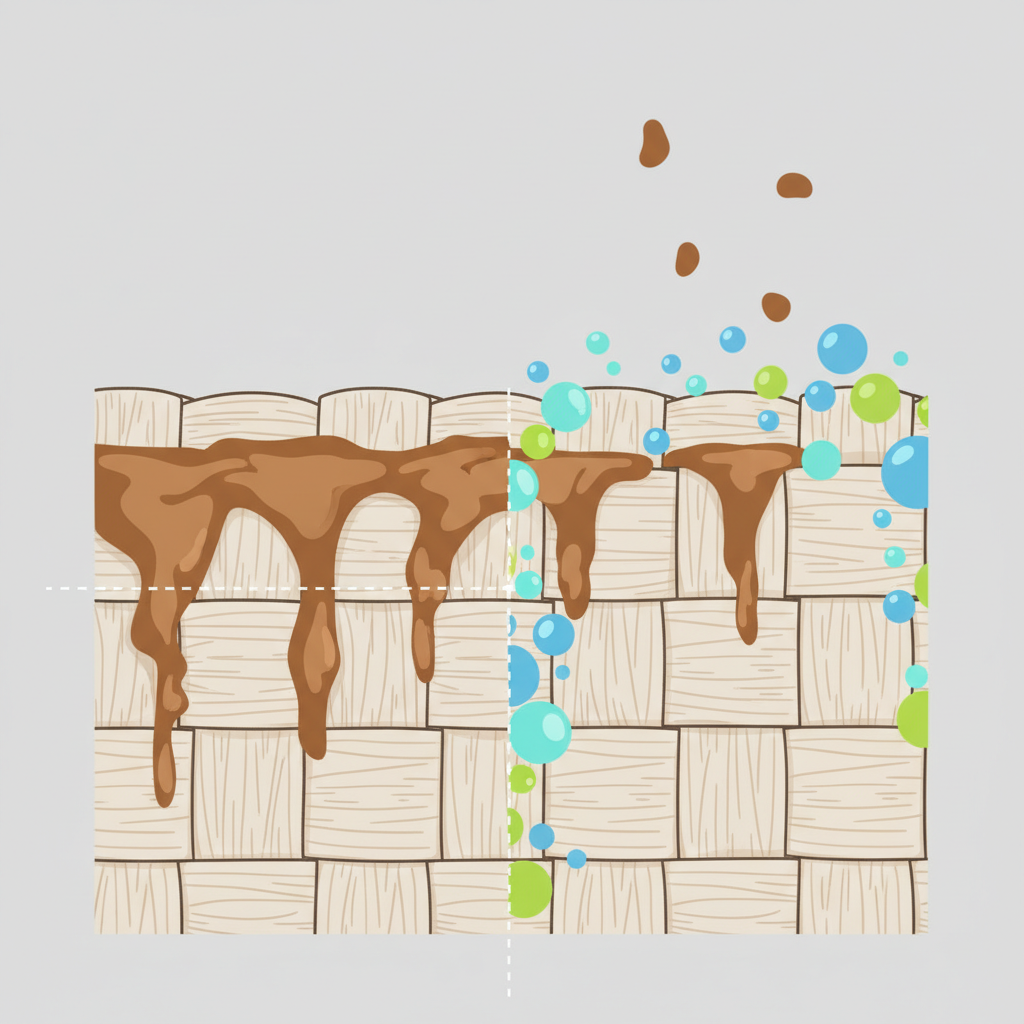 A clean, modern flat illustration depicts a conceptual process of coffee stain removal. One side shows a microscopic view of sofa fabric fibers with brown coffee tannins deeply embedded. The other side illustrates a stylized cleaning action: water molecules and small, abstract cleaning agent particles surrounding and lifting the coffee tannins away from the fibers, leaving the fabric clean. The color palette is soft and professional, using shades of brown for the coffee and bright blues/greens for the cleaning agents, emphasizing the scientific approach to stain removal.