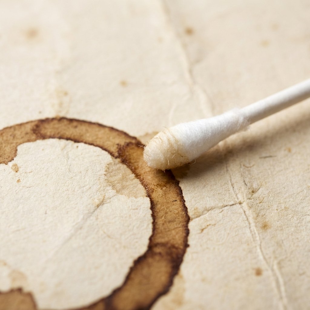 A close-up, top-down professional photo showing a section of an old, slightly textured paper document. A prominent, dried coffee stain is visible on one side, contrasting with the clean paper. A soft, white cotton swab, slightly damp with an invisible liquid, is gently dabbing at the edge of the stain, suggesting the beginning of a delicate cleaning process. The scene conveys care and the potential for restoration, with a shallow depth of field focusing on the swab and the stain.