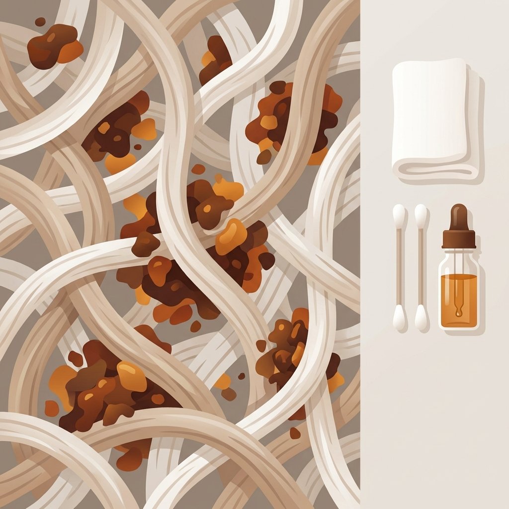 An infographic-style illustration depicting the microscopic interaction of coffee and paper fibers. Show highly magnified, abstract paper fibers (like intertwined white or light brown strands). Within these fibers, illustrate small, complex coffee pigment particles (abstract brown and amber shapes representing tannins and other compounds) deeply embedded and tightly bound, making removal difficult. On the side, a small, neatly arranged set of essential tools: a soft white cloth, a cotton swab, and a dropper bottle (representing a cleaning solution). Clean, modern flat illustration style with a warm, earthy color palette.