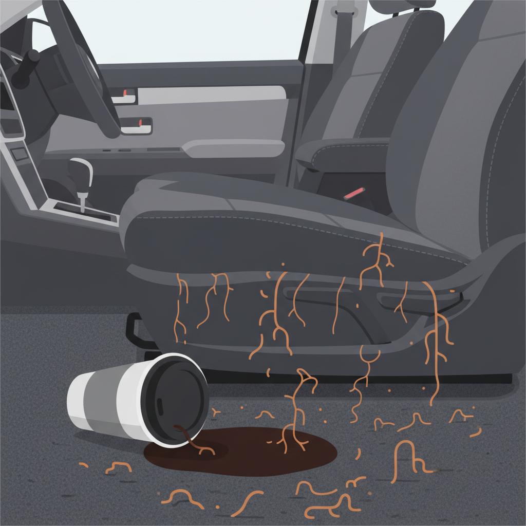 A clean, modern flat illustration depicting the interior of a car, specifically a close-up on a car seat or carpet where a coffee spill has just occurred. Abstract, transparent orange-brown 'smell' molecules or microscopic coffee particles are visually shown penetrating deep into the fabric fibers, like tiny hooks or roots. The coffee cup is tipped over, with a small pool of liquid. The background is a slightly blurred car interior, emphasizing the affected area. The overall mood should convey the persistent nature of the coffee compounds.