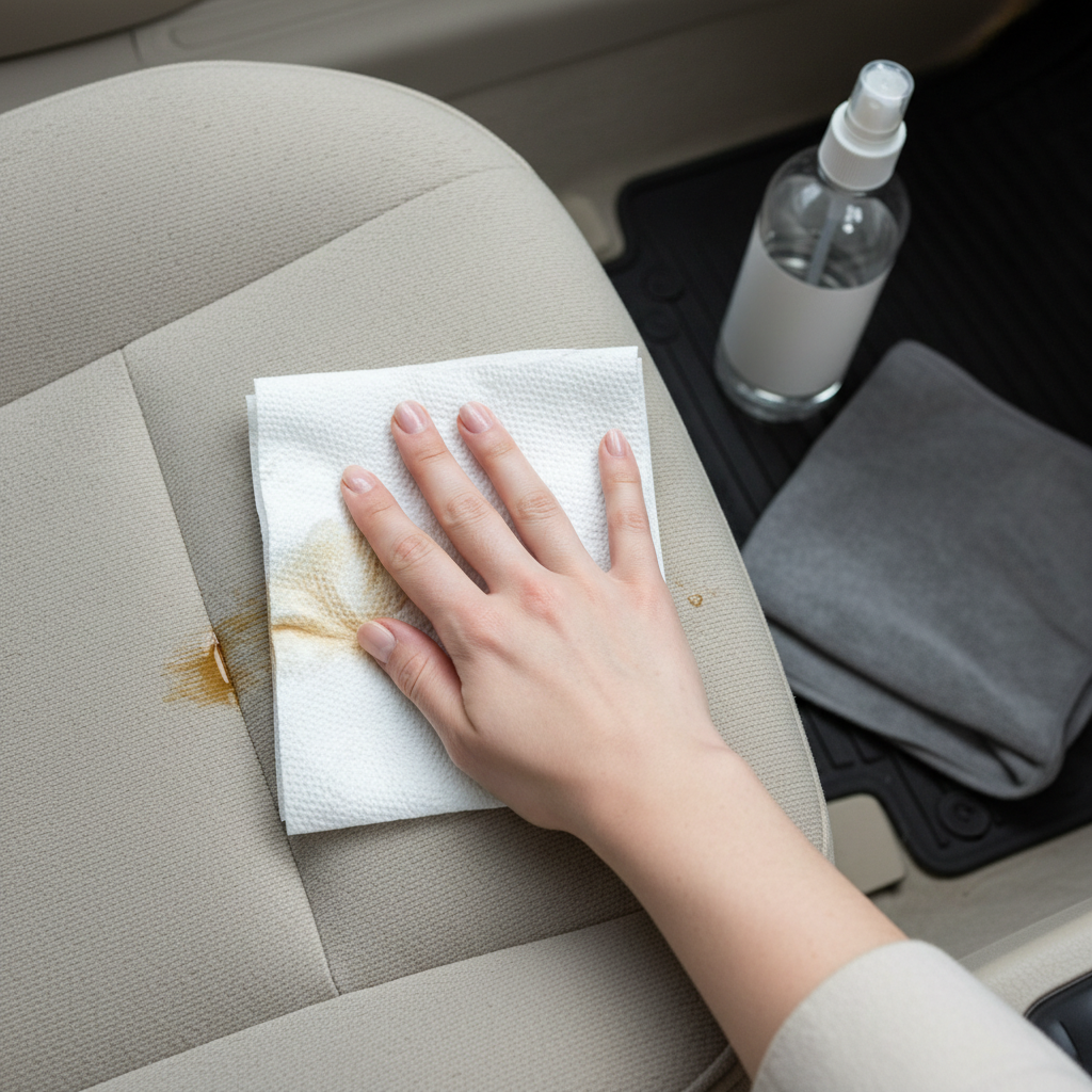 A professional, well-lit top-down photo perspective inside a car, focusing on a hand gently blotting a fresh coffee spill on light-colored car upholstery with a clean, absorbent white cloth or paper towel. The spilled coffee is visible as a dark brown liquid. In the background, slightly out of focus, a small bottle of white vinegar or a generic cleaning spray and another clean cloth are visible, hinting at the next steps. The overall image should convey immediacy, care, and the beginning of a cleaning process.