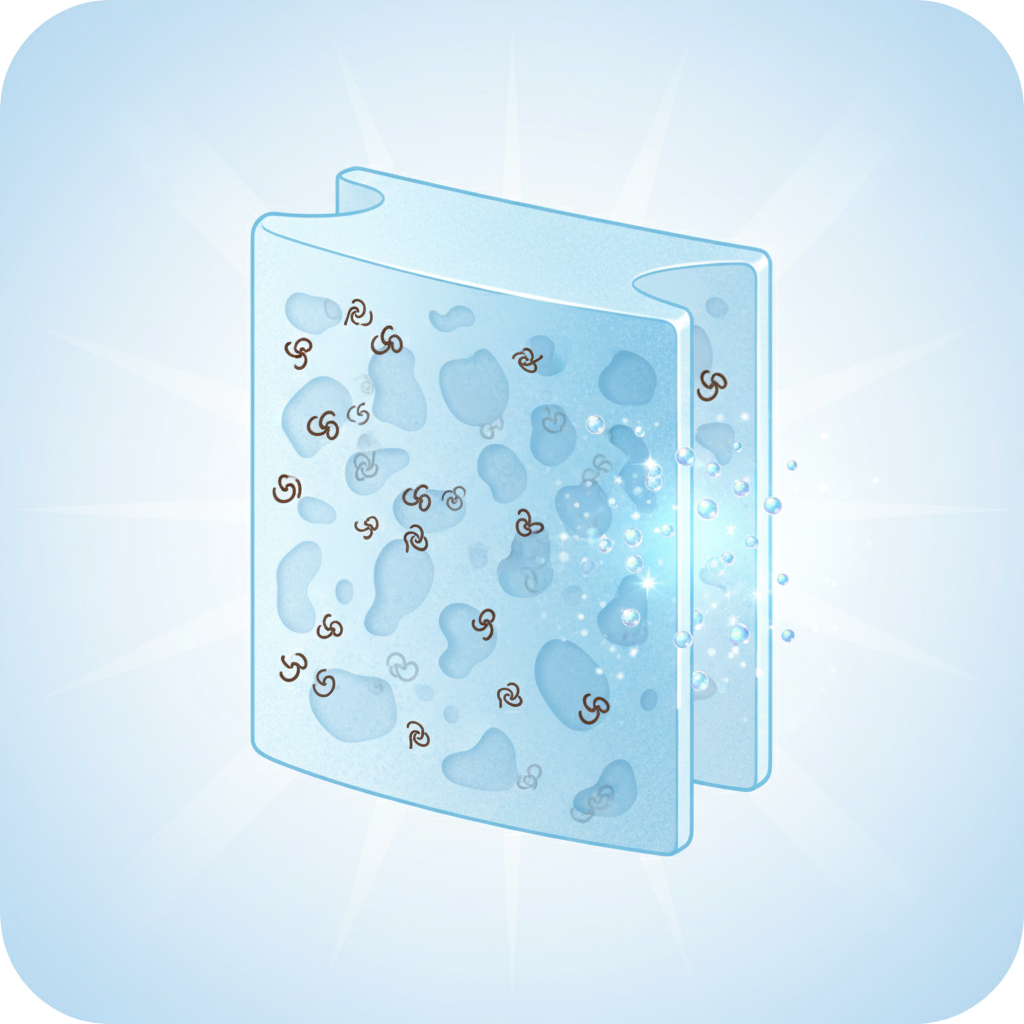An infographic-style illustration depicting a conceptual cross-section of a translucent plastic container wall. On one side, tiny, dark brown, abstract 'coffee smell' molecules are visibly trapped within microscopic pores in the plastic, symbolizing the persistent odor problem. On the other side, an adjacent section of the same plastic wall shows these coffee molecules either fading, being dissolved, or being absorbed by abstract, sparkling 'cleaning agent' particles, representing the successful removal process. The overall impression should be clear and visually educational, using a clean, modern infographic aesthetic with subtle gradients.