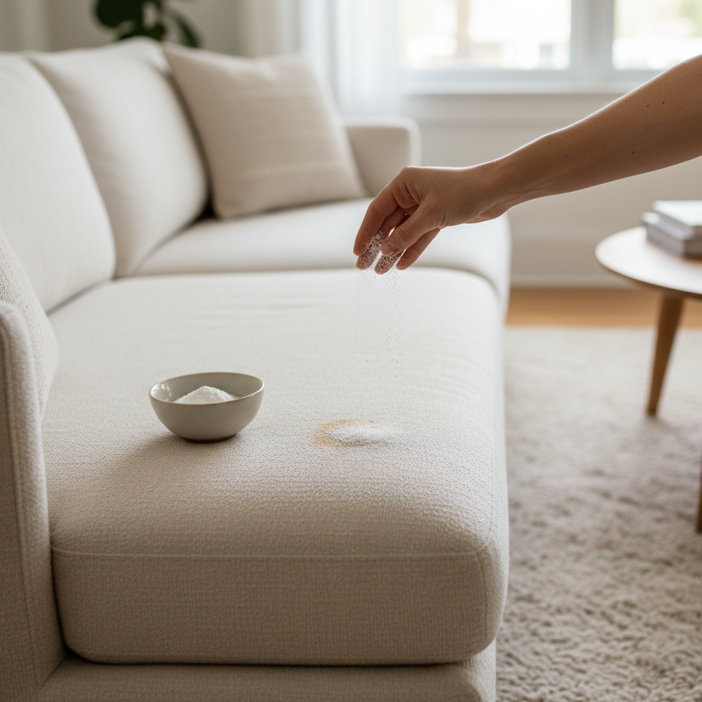 A professional, bright photo showcasing a clean, modern living room scene. A light-colored fabric sofa is visible, with a small, subtle dried coffee stain area. A human hand, gently sprinkling a white powder (representing baking soda) over the stained section of the sofa, with a small bowl of the powder nearby. The background should be slightly blurred, suggesting a cozy home environment. The focus is on the action of applying the odor absorber, emphasizing cleanliness and the solution. The lighting should be soft and inviting, highlighting the texture of the sofa fabric and the powder.
