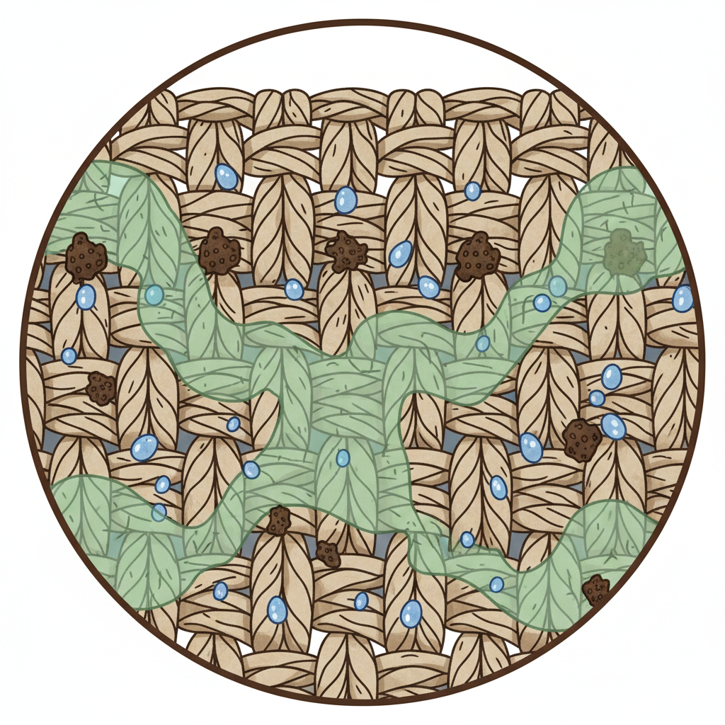 A detailed, infographic-style illustration depicting a magnified cross-section of sofa fabric. The fabric fibers are clearly visible, with tiny, stylized brown particles (representing coffee residues) nestled between them. Small, wavy, semi-transparent green clouds (symbolizing volatile organic compounds - VOCs and bad odors) are shown emanating from these coffee particles, penetrating deeper into the fabric layers. Subtle, tiny blue water droplets (moisture) are also intertwined with the fibers. The overall impression should be scientific yet approachable, illustrating the microscopic cause of persistent coffee smell.