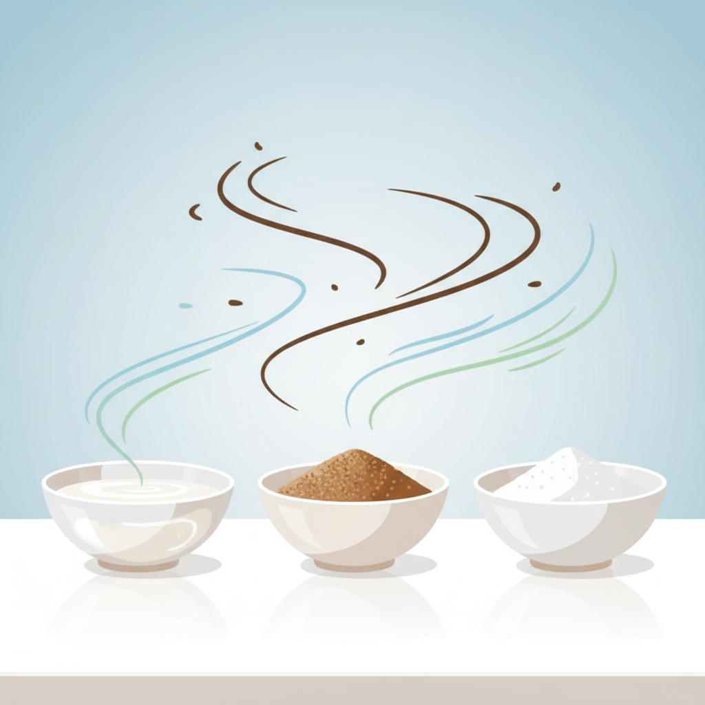 A vibrant flat illustration in a clean, modern style. The image depicts three small, aesthetically pleasing bowls or containers arranged on a pristine surface. One contains white liquid (representing vinegar), another holds light brown granules (dry coffee powder), and the third shows white powder (baking soda). Above and around these containers, abstract, wavy lines representing lingering coffee odor molecules are visibly dissolving or being absorbed, replaced by delicate, swirling wisps symbolizing fresh, purified air. The overall impression is one of effective, natural neutralization.