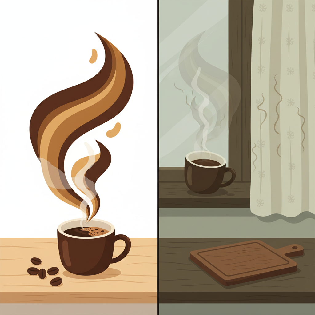A split-scene flat illustration contrasting the initial appeal of coffee with its lingering unpleasant odor. On one side, a steaming cup of freshly brewed coffee sits on a warm kitchen counter, with an abstract swirl of pleasant, rich brown aroma rising. On the other side, the same kitchen space appears slightly muted and stale, with faint, brownish, lingering abstract scent trails clinging to a fabric curtain or a wooden surface, suggesting a persistent and undesirable coffee smell. The overall style should be clean, inviting, and clearly differentiate the fresh from the stale atmosphere.