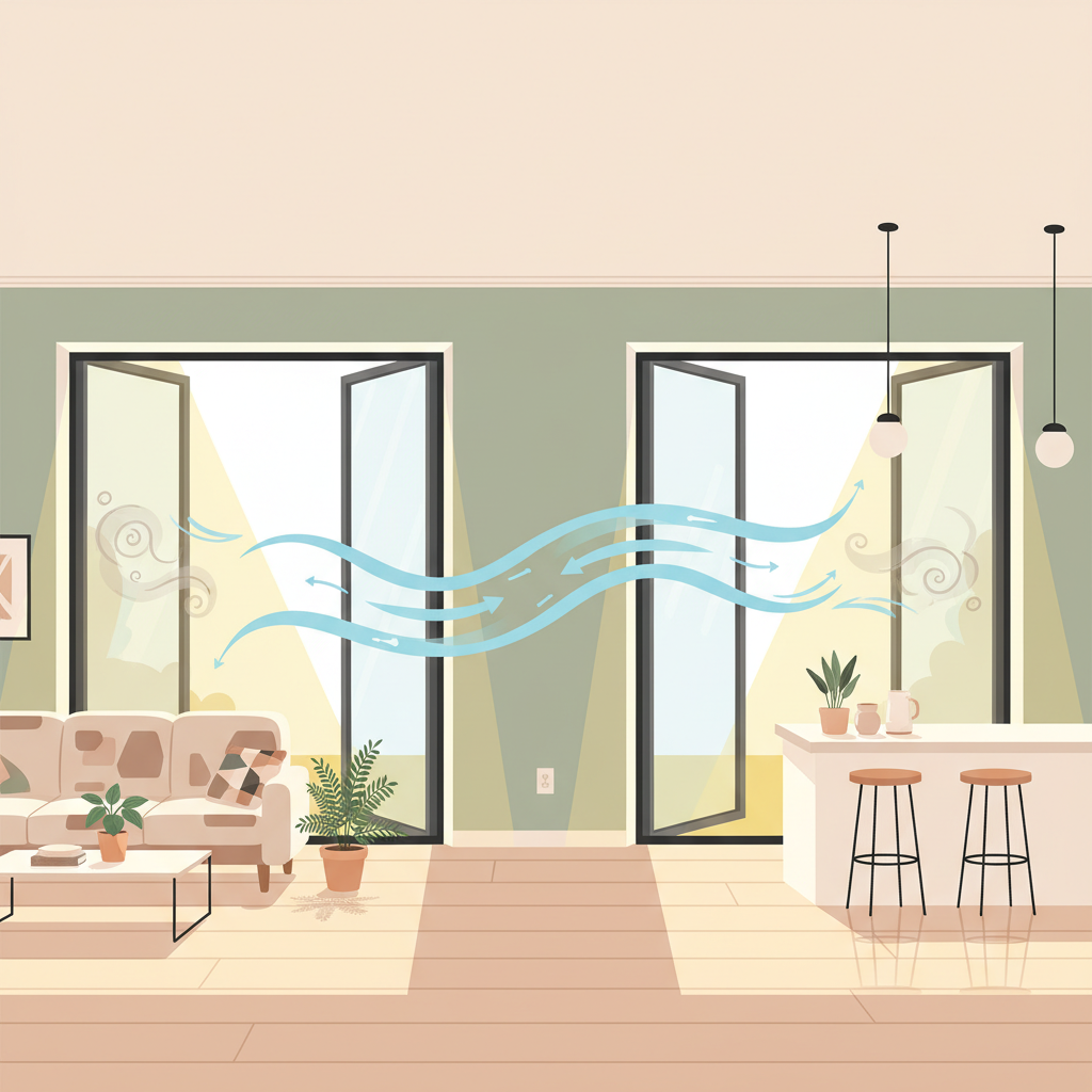 A vibrant, modern flat illustration depicting a cozy living room or kitchen with large windows wide open, creating a noticeable cross-breeze. Stylized light blue air currents, represented by gentle wavy lines or subtle arrows, flow freely through the room, sweeping away faint, brownish, abstract 'stale air' wisps towards the outside. Sunlight streams in, illuminating the refreshed, clean atmosphere. The scene emphasizes the effectiveness of natural ventilation in refreshing indoor spaces and neutralizing lingering odors.