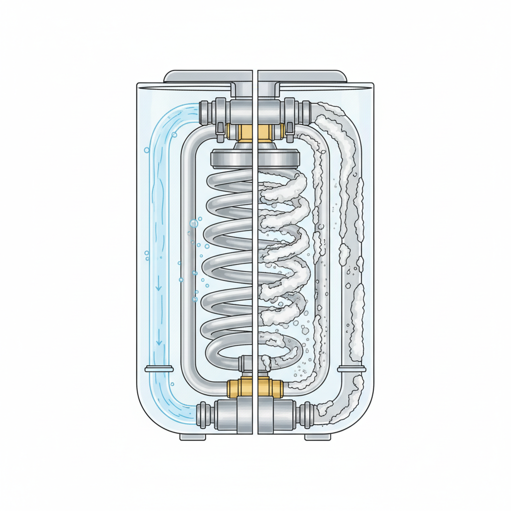 A detailed cutaway technical illustration of a coffee machine's internal components. Show clear, transparent pipes and a heating element on one side, clean and pristine, with water flowing freely. On the other side, the same components are heavily coated with rough, white-grey limescale deposits, visibly constricting flow and covering the heating element. The style is clean, modern, and infographic-like, using a limited color palette to highlight the stark contrast between the clean and scaled parts. Focus on the visual impact of the mineral build-up inside the machine.
