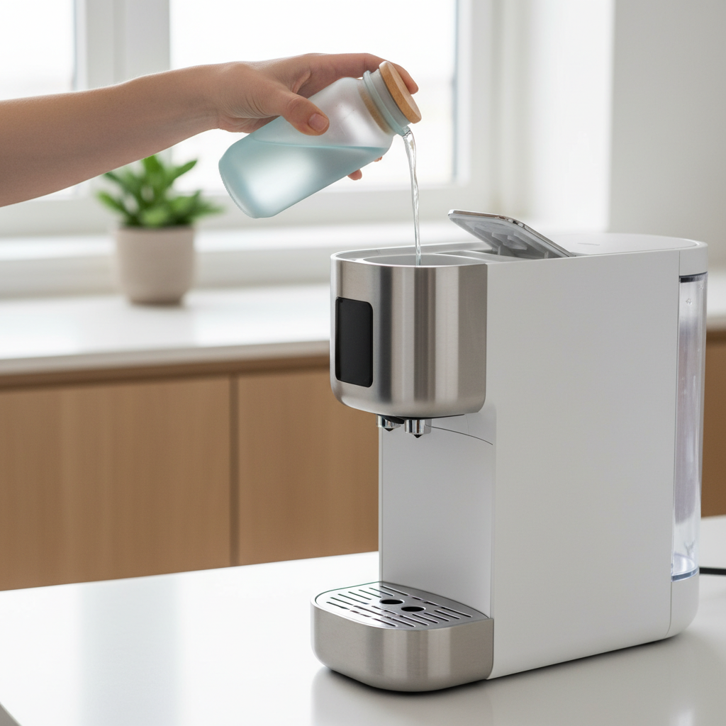 A professional, bright, and clean photo from an eye-level perspective, showing a pair of hands carefully pouring a descaling liquid from an elegant, minimalist bottle into the water reservoir of a sleek, modern coffee machine. The kitchen background is minimalist, tidy, and well-lit, suggesting a cared-for environment. Emphasize the clean lines of the coffee machine and the focused, deliberate action of maintenance. The liquid should appear clear or subtly colored, conveying a sense of effective cleaning solution.