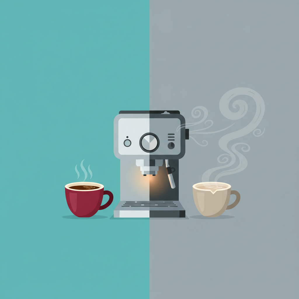 A conceptual, clean vector illustration depicting a split scene. On the left, a vibrant, steaming cup of rich, perfectly brewed dark coffee sits beside a pristine, high-performing coffee machine, exuding a subtle glow of efficiency. On the right, a dull, somewhat cloudy or watery cup of light brown coffee sits beside a slightly neglected-looking coffee machine, with wisps of 'lost energy' or 'inefficiency' subtly drifting away from it, visually indicating wasted effort and poor performance. The overall aesthetic is minimalist and symbolic, using contrasting colors and states.