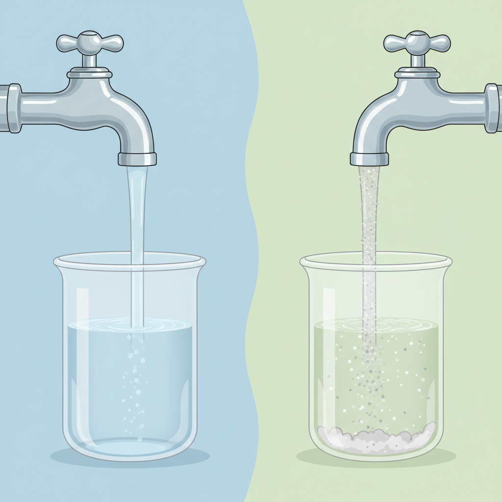 An infographic-style illustration demonstrating water hardness. On one side, a stylized tap dispenses clear, pristine water into a transparent glass beaker, with no visible deposits. On the other side, a similar tap dispenses water with subtle, microscopic-like mineral particles visible, flowing into another beaker where small, accumulated white-grey deposits are beginning to form on the bottom and inner surface. A subtle, conceptual representation, like a slightly denser water flow or a faint color shift, differentiates the 'hard water' visually. The style is clean, sharp, and easy to understand.