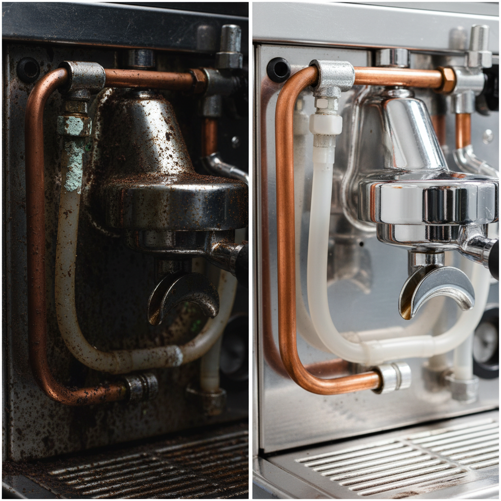 A vibrant, split-screen professional photo showcasing the stark contrast between a neglected coffee machine and a freshly cleaned one. On the left, a close-up of a coffee machine's internal components (e.g., brew group, filter basket, visible pipes) with dark, oily coffee residues, hints of limescale, and a dull appearance. On the right, the identical components are sparkling clean, gleaming, and appear pristine and ready for optimal use. The overall lighting should be bright and inviting, highlighting the freshness and hygiene achieved by cleaning.