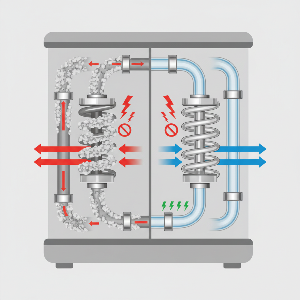 An infographic-style illustration depicting a stylized cross-section of a coffee machine's internal water system. On one side, show pipes and a heating element severely obstructed with thick, rough, grey-white limescale buildup, visibly restricting water flow and encasing the heating coil. On the other side, or seamlessly integrated for comparison, illustrate the same internal parts completely clean, with smooth, unobstructed pipes and a clear heating element, demonstrating efficient water flow and heating. Use a clean, modern diagrammatic style with subtle visual cues for energy consumption.
