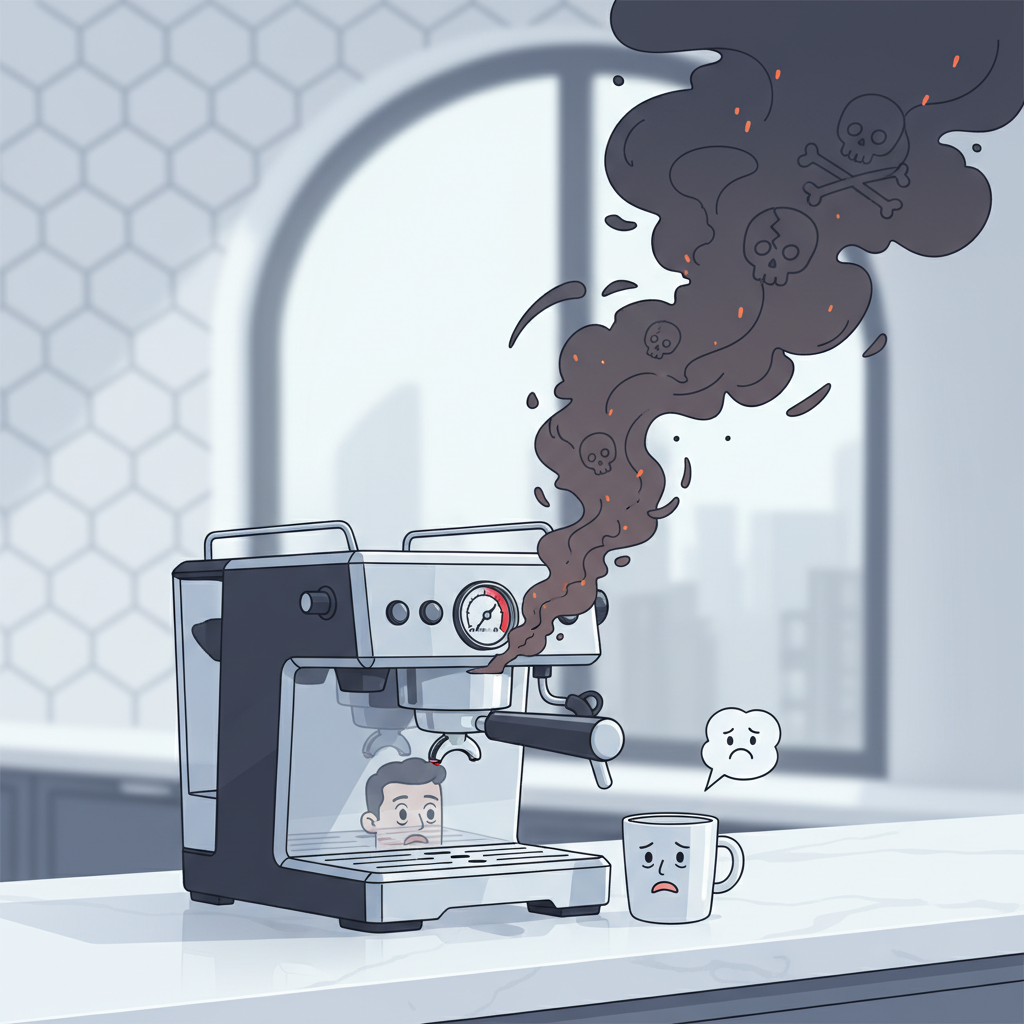 A stylized illustration of a modern espresso machine on a clean kitchen counter, emitting a distinct, wavy plume of dark, acrid-smelling 'smoke' or vapor instead of pleasant steam. The 'smoke' should have visual cues indicating a burnt, unpleasant odor, perhaps with jagged edges or a slightly darker, more intense color than regular steam, visually contrasting with the expectation of a fresh coffee aroma. The overall atmosphere should suggest concern or disappointment. Use a clean, digital art style suitable for a blog.