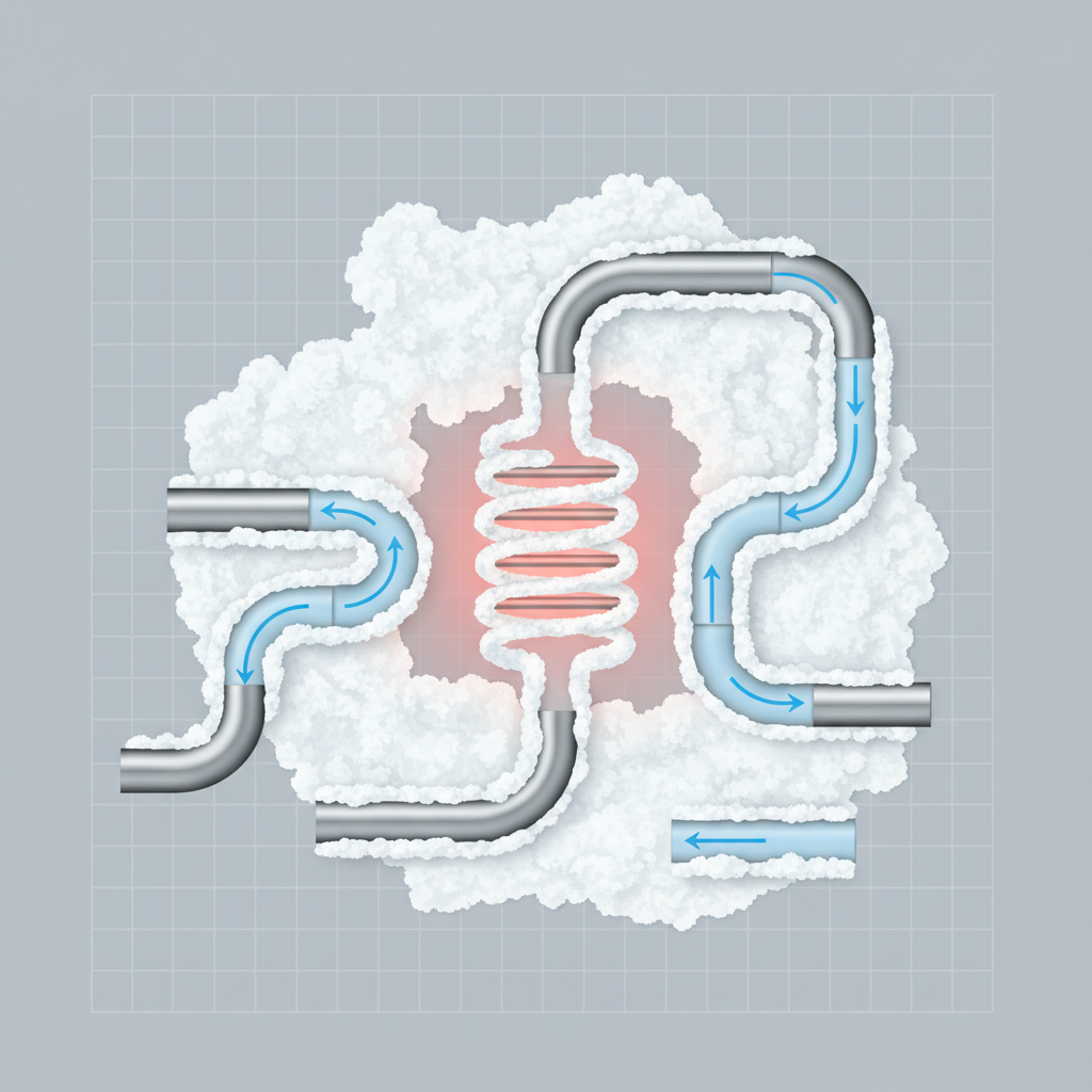 An infographic-style cross-section diagram of a coffee machine's internal water heating system. Clearly depict the heating element and water tubes heavily encrusted with thick, white, textured limescale deposits. Show subtle arrows indicating restricted water flow through the encrusted pipes and a slight reddish glow around the heating element to suggest overheating caused by the scale build-up. The style should be clean, precise, and educational, with distinct material textures for metal, water, and calcium.