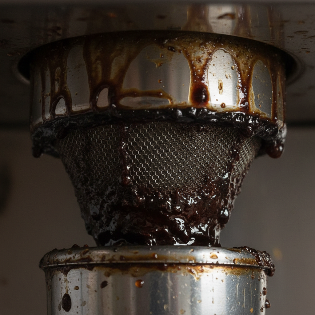 A close-up, high-detail photo-realistic illustration focusing on the internal parts of a coffee machine's brewing group or filter holder. Show thick, dark, sticky, and visibly oily coffee residues coating the mesh filter, the inside of the filter basket, and the water pathways. The texture should convey a sense of old, rancid grime, perhaps with a slightly glossy sheen from the accumulated oils. The colors should be deep browns and black, emphasizing the accumulation of these residues.