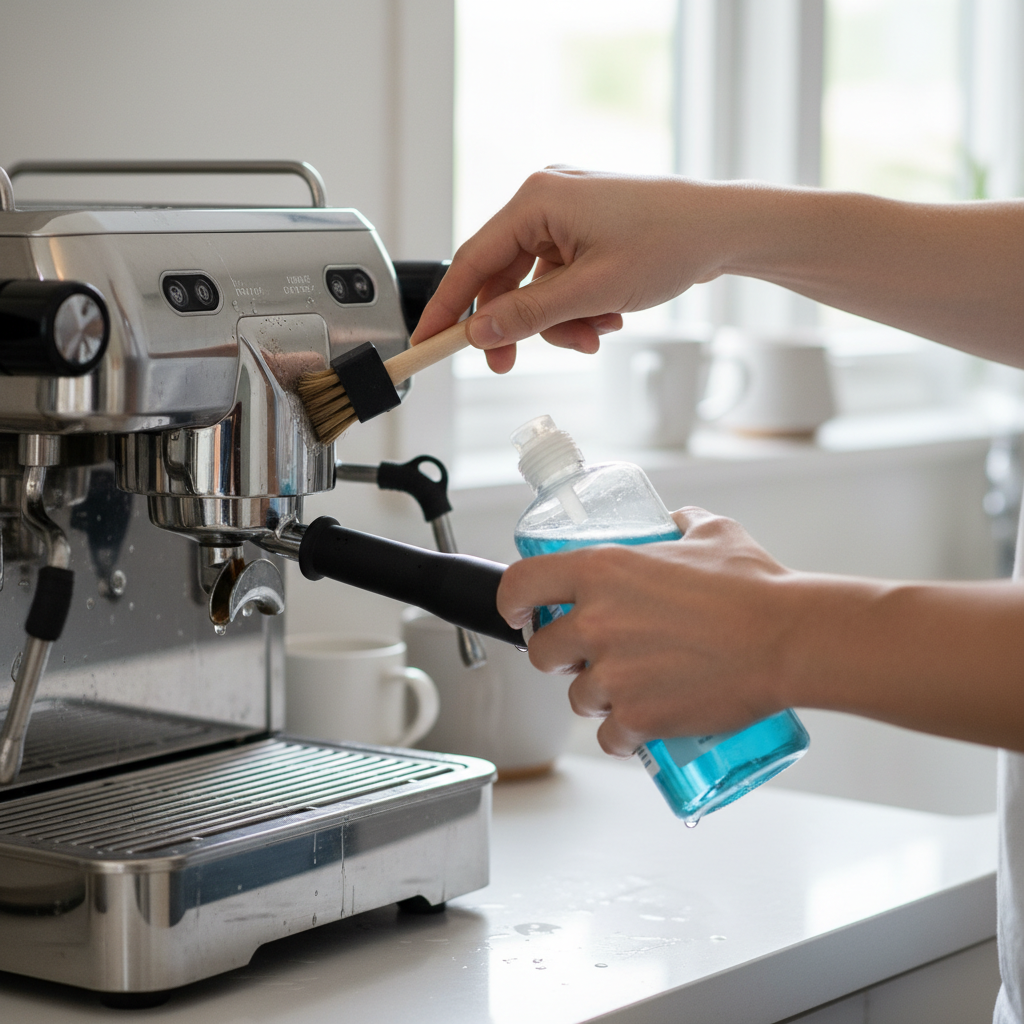 A bright, professional photo depicting a person's hands actively performing maintenance on a coffee machine. One hand is holding a small cleaning brush, gently scrubbing a visible internal component like the brew head or a removable filter basket, while the other hand is holding a bottle of cleaning or descaling solution (without any visible labels or text). The coffee machine parts should appear visibly cleaner in the areas being addressed, implying effective preventative maintenance. The setting is a well-lit, clean kitchen.
