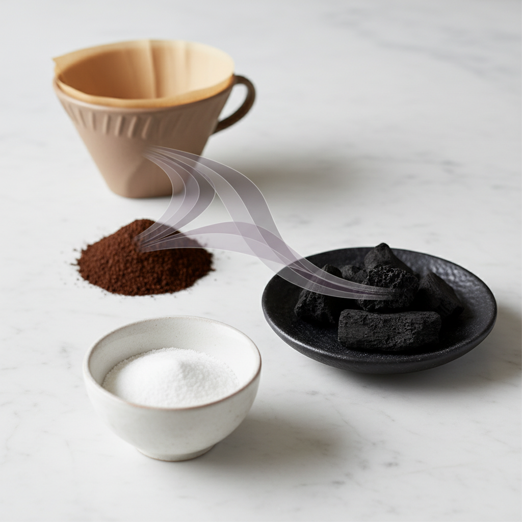 A clean, minimalist tabletop or counter setting. In the foreground, a small, elegant ceramic bowl holds white baking soda. Next to it, a small fabric pouch or an open dish contains dark, granular activated charcoal. Behind these, a subtle pile of ground coffee or an empty coffee filter is visible, representing the smell source. Abstract, faint grey or purple wavy lines are shown emanating from the coffee and converging towards the absorbers, subtly disappearing into them, symbolizing absorption. A professional, brightly lit still-life photograph with a shallow depth of field, focusing on the absorbers, or a clean, modern infographic-style illustration.