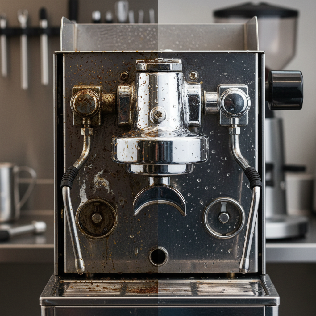 A detailed, professional photo showing a split view of a coffee machine's internal components. On one side, the brew group and milk frother display visible coffee oil residue, dried milk crusts, and some limescale buildup, appearing grimy and neglected. The other side of the same components is sparkling clean, reflecting light, showing no residue, looking pristine and well-maintained. The contrast should be stark to emphasize the importance of cleaning.
