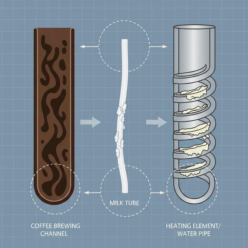 An infographic-style illustration depicting the cross-section of a generic coffee machine's internal pathways. Highlight specific areas: a coffee brewing channel with dark, oily streaks representing coffee fat, a milk tube showing white, clumpy residue indicative of dried milk, and a heating element/water pipe with jagged, light-colored layers symbolizing limescale. Use clear, distinct visual markers for each contaminant.