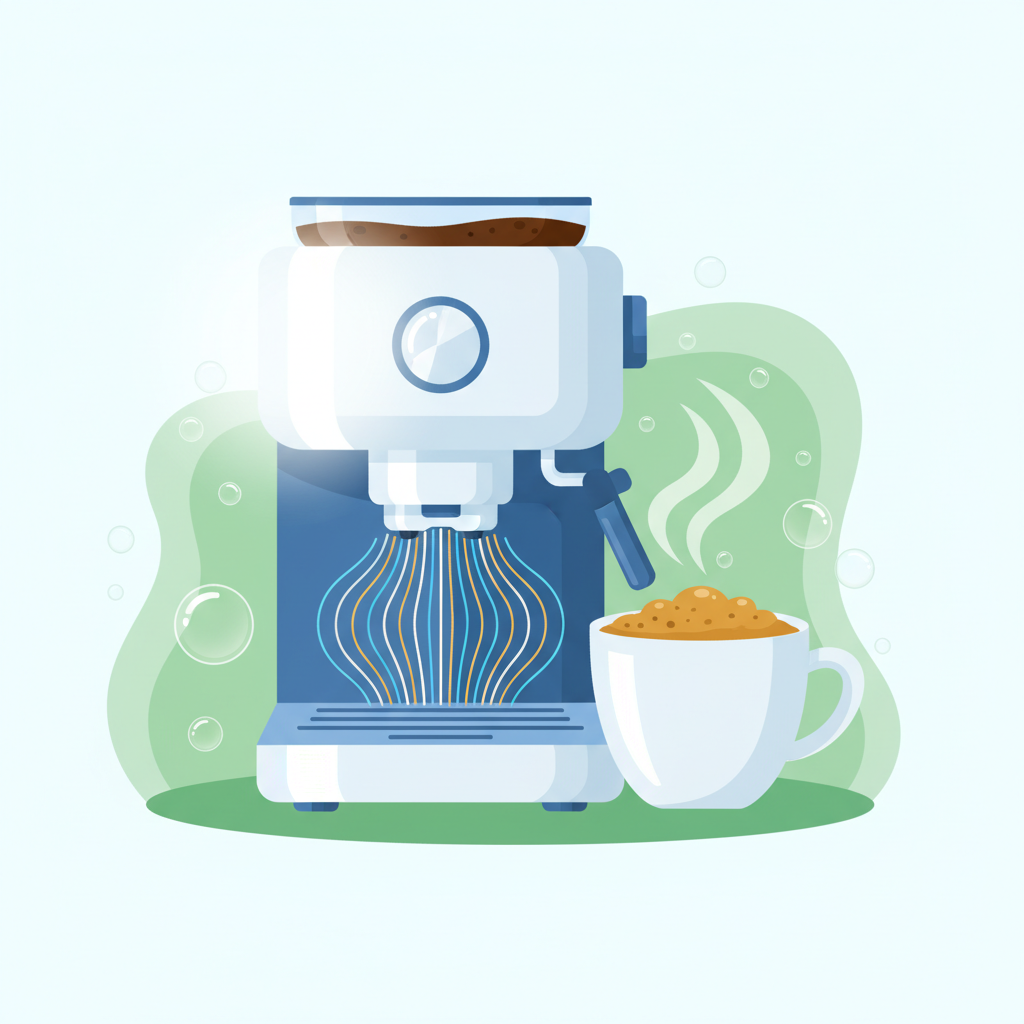 A vibrant, flat illustration showcasing a modern, sleek coffee machine glowing with cleanliness. Next to it, a perfect cup of coffee with rich crema and steam rising, symbolizing great taste. Around the machine, abstract visual elements represent 'health' (e.g., a gentle green aura or stylized clean bubbles) and 'extended lifespan' (e.g., a subtle, energetic pulse emanating from the machine). The overall feeling should be fresh and positive.
