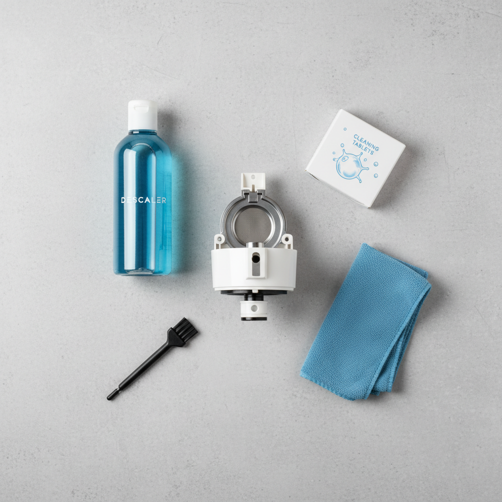 A clean, crisp top-down photo (flat lay style) of essential cleaning items for a coffee machine. Include a bottle of descaling solution, a pack of cleaning tablets, a small brush for cleaning tubes, and a microfiber cloth. These items are neatly arranged around a partially disassembled coffee machine component, such as a removed brew group or a water tank, suggesting the imminent or ongoing cleaning process.