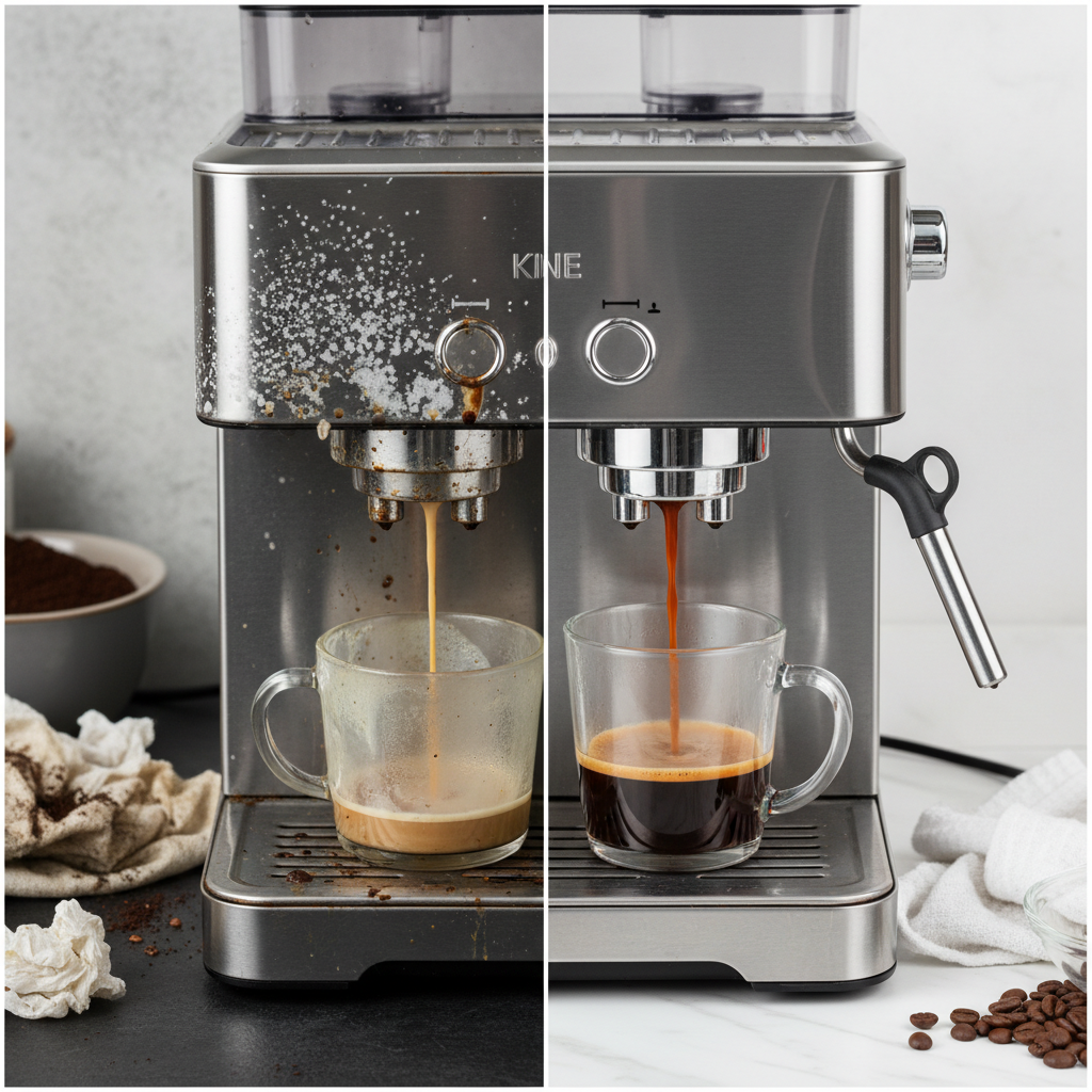 A split-screen professional photo showcasing the impact of cleaning. On the left, a modern automatic coffee machine appears neglected, with visible limescale on the exterior, dried coffee stains near the dispenser, and a dull, murky-looking coffee pouring into a cup. On the right, the identical machine is sparkling clean, surfaces gleaming, with a vibrant, rich brown coffee flowing perfectly into a pristine cup, evoking freshness and quality.