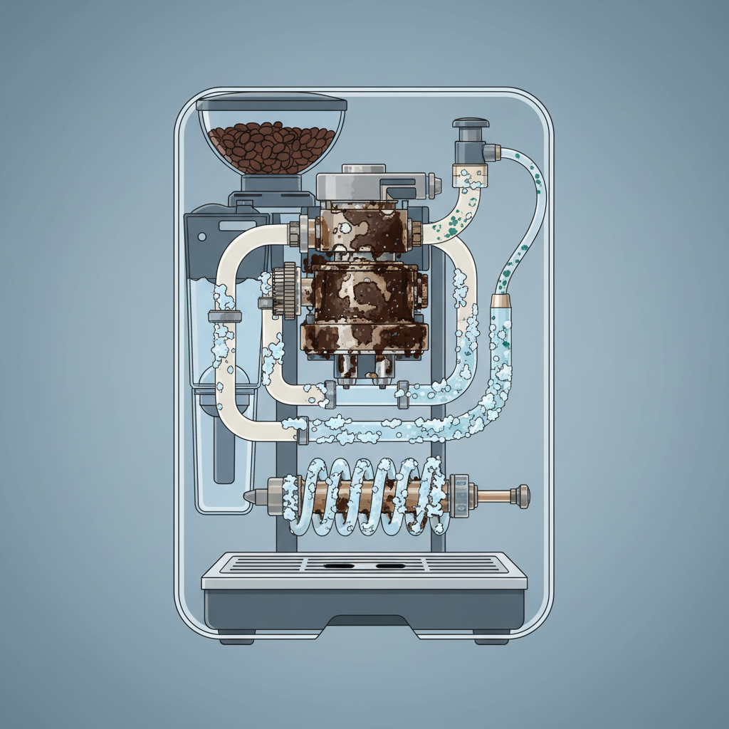 A detailed infographic-style illustration presenting a cross-section of an automatic coffee machine. Key internal components such as the brewing unit, water pipes, heating element, and milk frother are clearly visible. Highlighted in contrasting colors are problematic deposits: white, crystalline formations (representing limescale) clinging to water-carrying parts, dark, oily residue (representing coffee fat) coating the brewing mechanism, and subtle greenish specks (representing bacteria/mold) within the milk frothing tube.