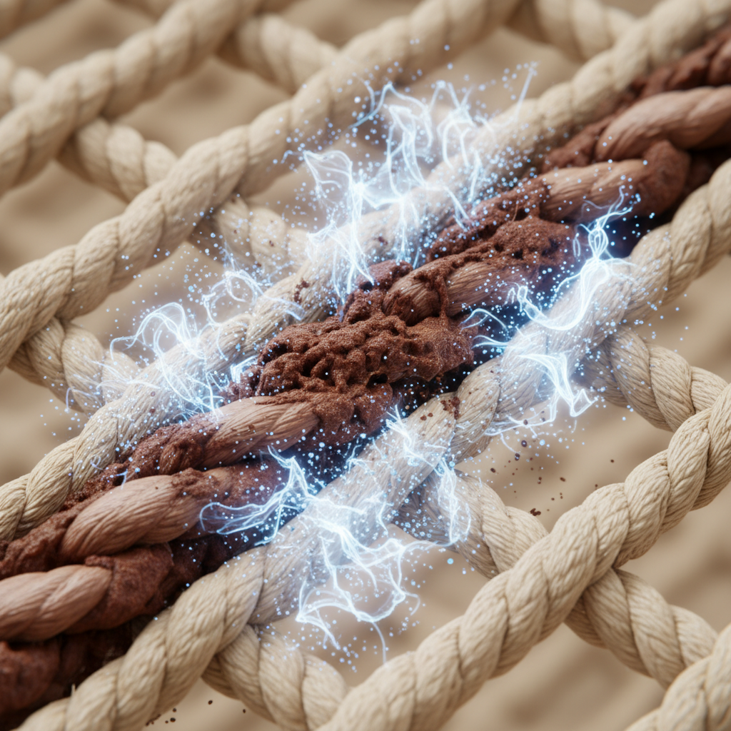 A highly detailed, macro-level illustration of fabric fibers with a brown cocoa stain deeply embedded within the weave. The stain appears stubborn and fused with the textile. Visually, a dynamic, translucent cleaning agent (like tiny, active particles or a shimmering aura) is shown actively penetrating the cocoa stain, breaking down its components and gently lifting the pigment and residue from the individual fibers. The focus is on the deep embedment of the stain and the targeted action of the cleaning process. Microscopic illustration style, clean and scientific, with soft, clear lighting.