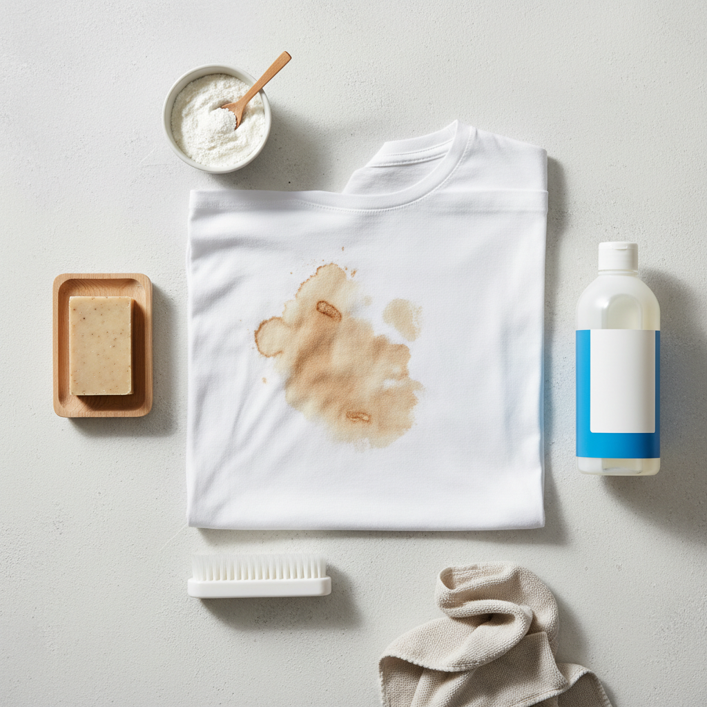 A bright, clean flat lay composition featuring a light-colored textile (e.g., a crumpled white cotton cloth or t-shirt) with a visible, dried, and set-in cocoa stain as the central element. Arranged around the fabric are various stain removal tools and agents: a classic bar of solid gall soap, a small bowl containing a paste made from baking soda and water, and a generic bottle representing a liquid enzymatic stain remover. The arrangement conveys readiness for pre-treatment. Professional photo style, well-lit with natural light, emphasizing cleanliness and practical tools.