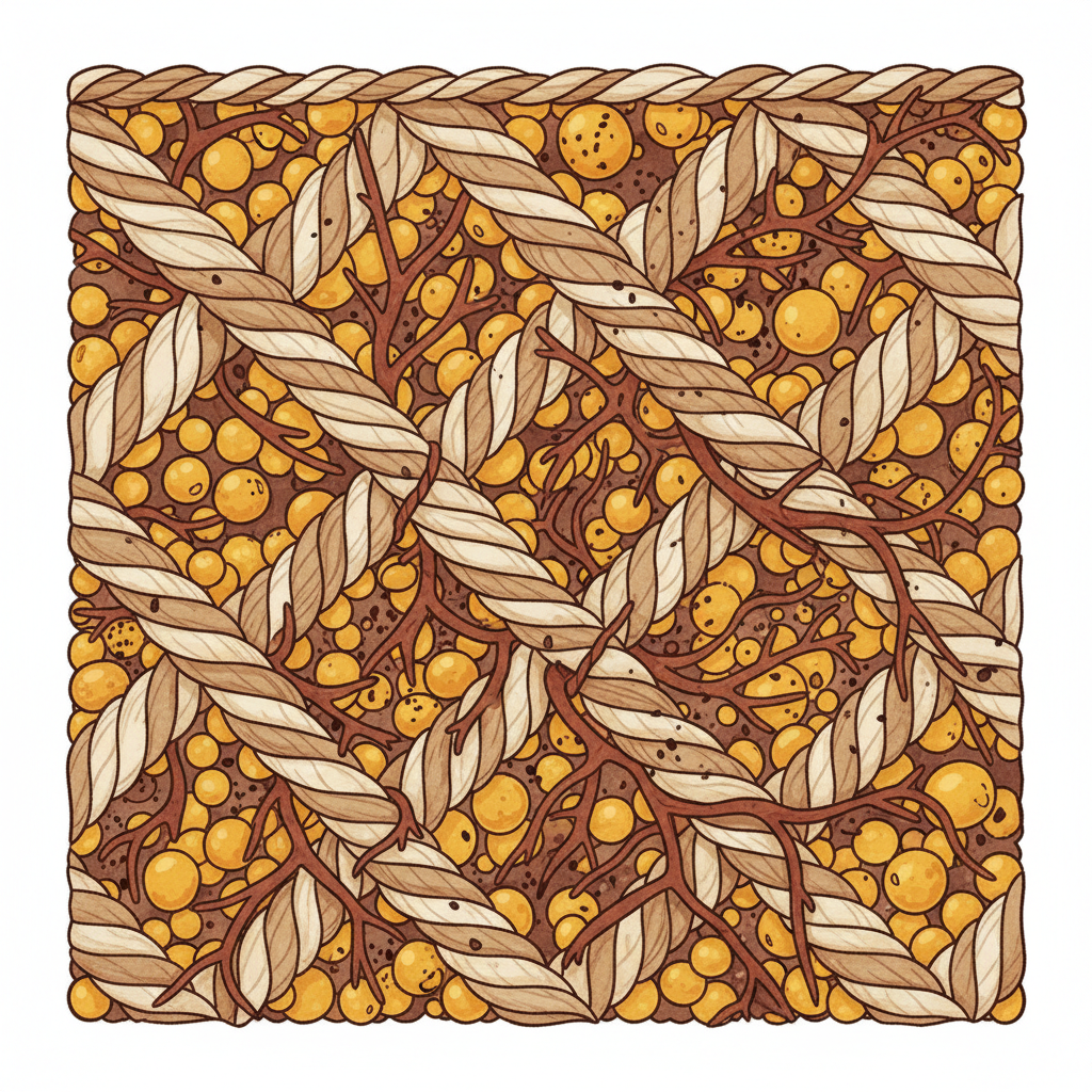 A highly magnified, stylized cross-section view of textile fibers. Embedded deep within the interwoven fabric threads are distinct, colorful representations of cocoa stain components: small, irregular yellow-orange spheres symbolizing fat globules, darker brown specks representing pigments (chromophores), and reddish-brown, branching shapes indicating tannins. The components should appear tightly bound and intertwined with the fibers, illustrating their stubbornness and how washing fixes them. The overall feel is a clean, scientific diagram style illustration with a warm, natural color palette.