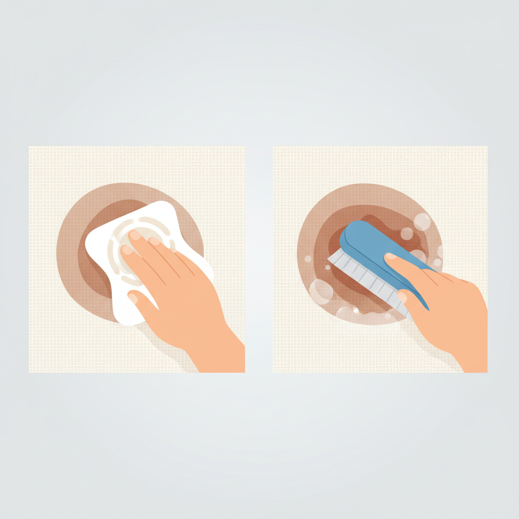 A dynamic split-scene illustration demonstrating the contrast between fresh and ingrained cocoa stains. On the left side, a light-colored fabric swatch shows a recently spilled cocoa stain, with a hand gently dabbing it with a white cloth, making it visibly lift away easily. On the right side, a similar fabric swatch features an older, darker, and deeply set cocoa stain. A hand is vigorously scrubbing or treating this stain with a brush or cleaning tool, but the stain still appears stubborn and partially visible, conveying significant difficulty in removal. The overall style is a clean, modern flat illustration with a soft color scheme.