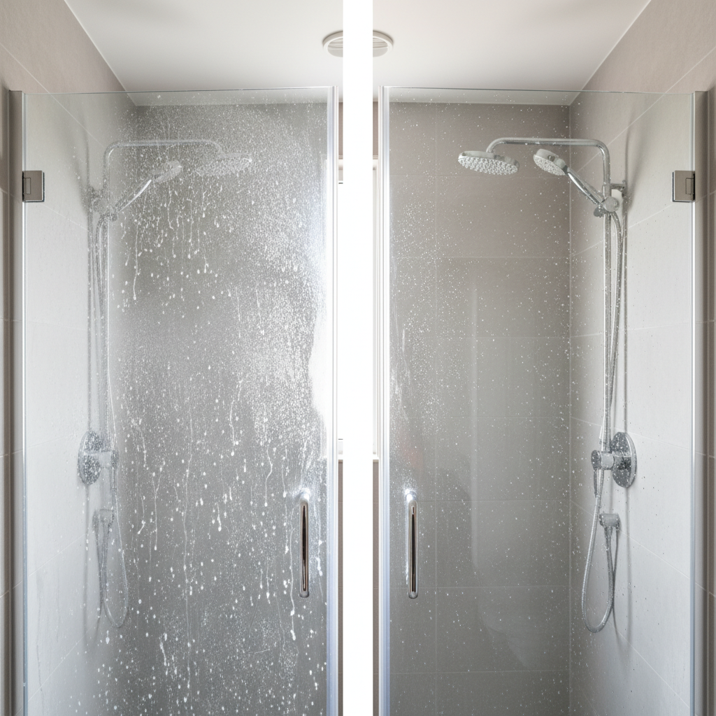 A visually striking split image or side-by-side comparison within a modern shower environment. On one side, the shower glass and chrome fixtures are visibly covered in dull, white limescale and hard water spots, appearing unkempt. On the other side, the same elements are gleaming, crystal-clear, and highly reflective, showcasing a pristine, sparkling clean surface. The contrast should be stark, emphasizing the transformation from dullness to radiant shine. Professional photo style, bright and clean aesthetic.