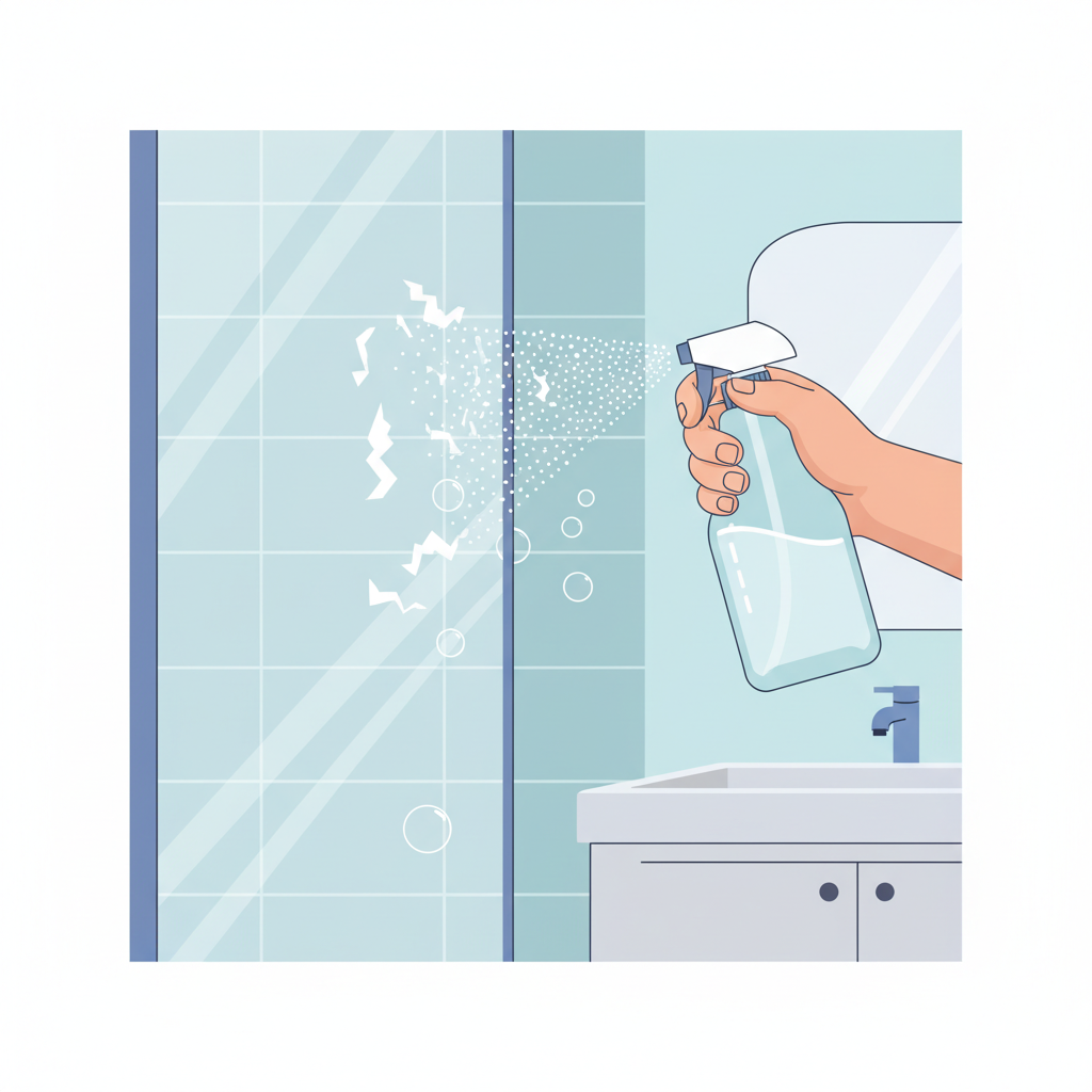 A vibrant flat illustration depicting a hand holding a clear spray bottle filled with a clear liquid, actively misting a section of a glass shower door. The glass surface before the spray shows subtle, stylized white limescale spots and streaks. As the liquid lands, a few small, gentle bubbles or a dissolving effect is subtly indicated where the spray touches the limescale, symbolizing its removal. The overall scene should convey a sense of active cleaning and gentle effectiveness, set against a clean, minimalist bathroom background. No text.